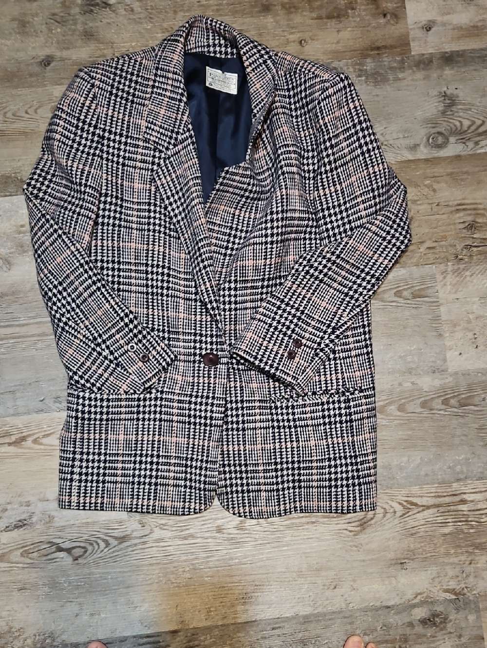 Vintage Wool Pendleton Blazer Jacket in Houndstooth Black & White Size 14